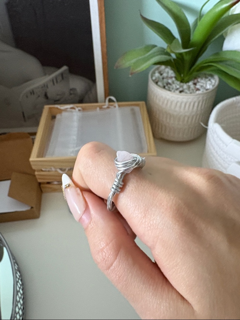 Handcrafted Silver Wire Ring with Pale Pink Stone